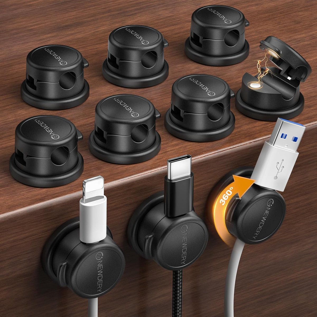 SnelShoppen - 360° Draaibare Kabelhouders met Kabelclips - 10-Pack Magnetische Zelfklevende Kabelorganizer - Kabelbeheer voor USB, Stroom, Audiokabels