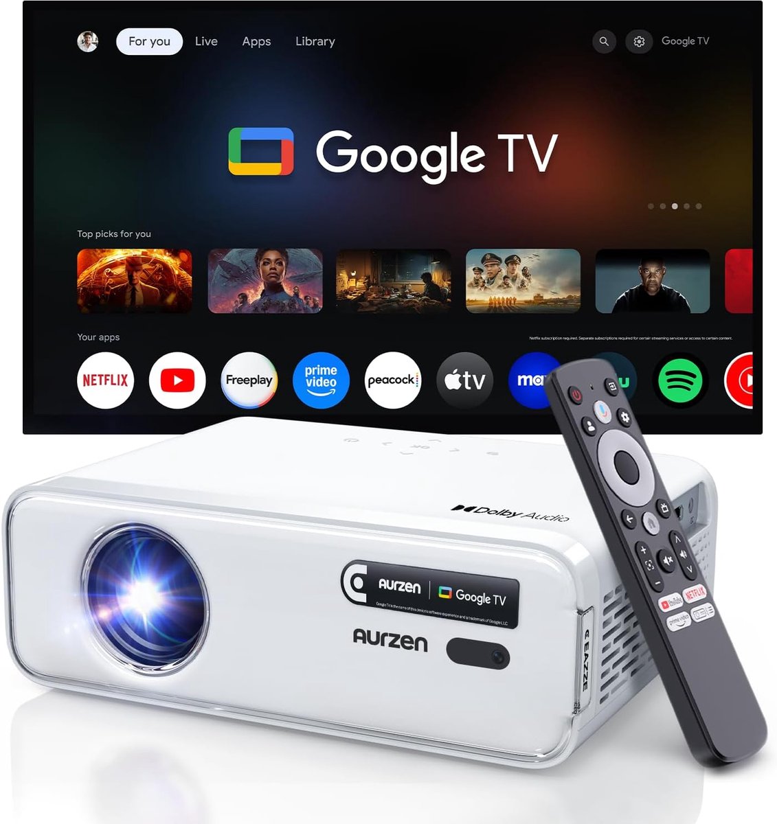 SnelShoppen - Slimme Projector 4K met Google TV, Wifi & Bluetooth, Autofocus, Keystone, Dolby Audio, Native 1080P, Draagbare Mini Beamer voor Thuis &