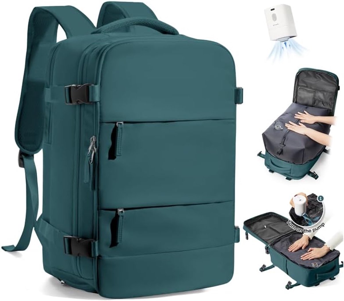 SnelShoppen - Vacuüm Rugzak met Pomp, Waterdichte Airbag Rugzak voor Reizen, Cabin Grootte 40x30x20, Handbagage voor Ryanair, Ideaal voor Mannen en Vr