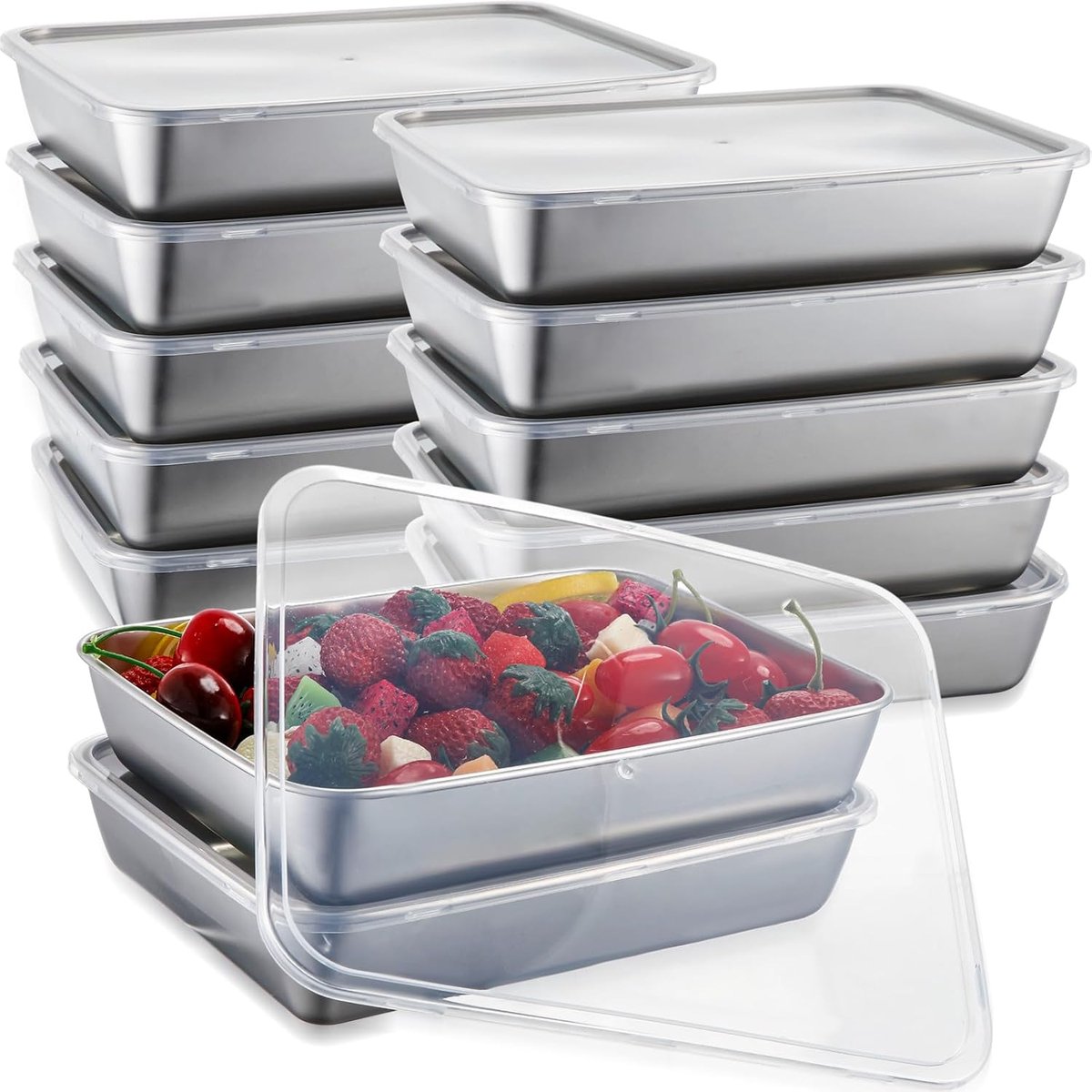 VHV - Vershoudbakjes - RVS vershoudbakjes met deksel - Snackdoosjes - Lunchbox - Set van 12 - Stapelbaar - Herbruikbaar - Voor school, werk, horeca en onderweg - Zilver