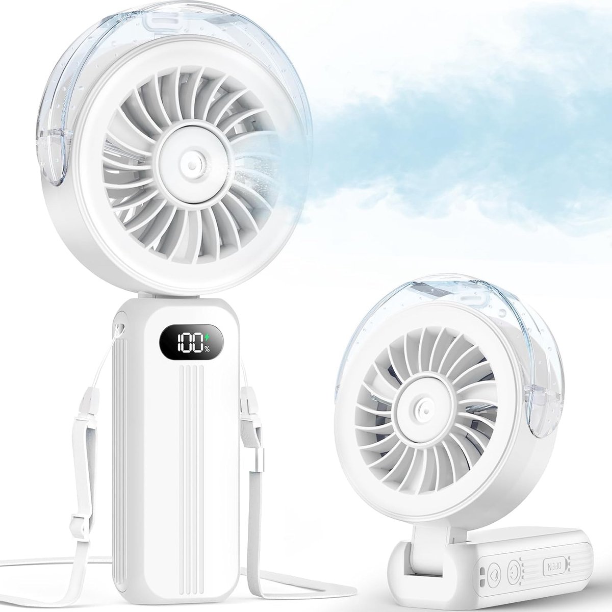 LISM-Draagbare vernevelingsventilator - Mini USB oplaadbare ventilator - 3-in-1 hand-/tafelventilator met LED-display - Vier windsnelheden - Wit
