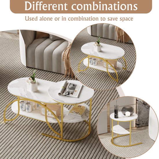 Twee salontafels met marmerpatroon, goudkleurig frame, verschillende combinaties mogelijk.