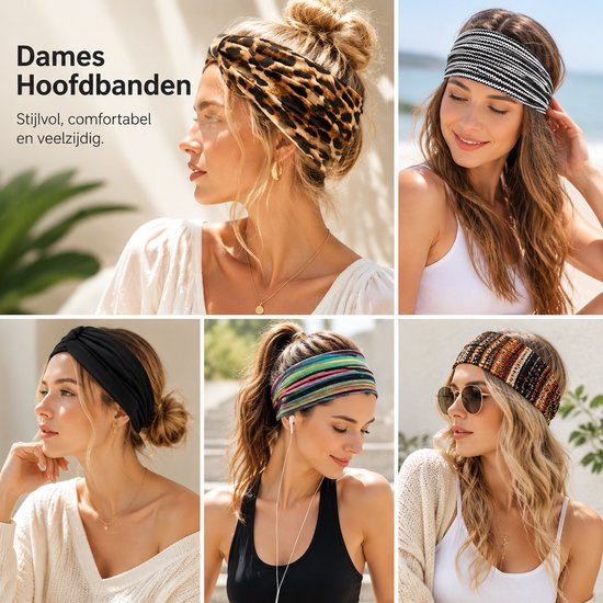 Zes dames hoofdbanden in diverse prints: luipaard, strepen, kleurrijk, en etnisch. Stijlvol en comfortabel.
