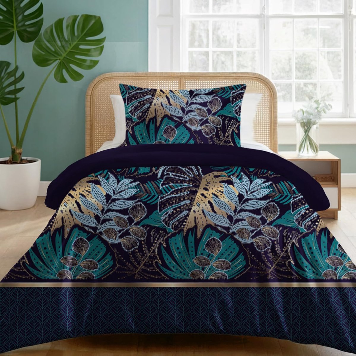 SnelShoppen - Duvet Cover 135x200 cm met 1 Kussensloop 80x80 cm, Jungle Patroon, Beddegoed Set met Rits, Enkele Bedlinnen van Oeko TEX Microvezel, Per