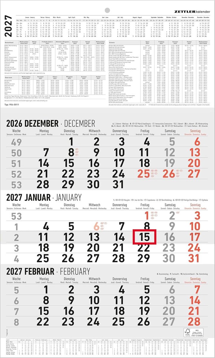 SnelShoppen - 3-Monatskalender groot 2027: Wandkalender 30x49 cm met Datumschieber, weken telling, feestdagen & schoolvakanties voor kantoor en thuis