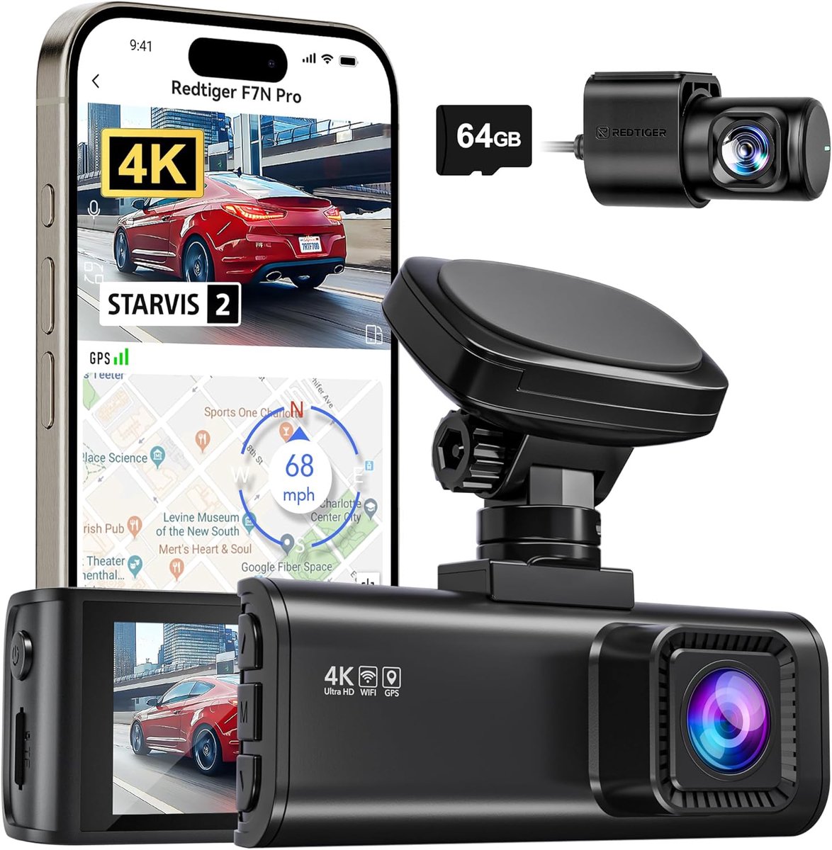 SnelShoppen - 4K Dual Dashcam met 2 Sensoren, 64GB Kaart, Wi-Fi, GPS, 3.18" IPS, 170° Hoek, 24/7 Parkeerbewaking, Loopopname, WDR voor Auto
