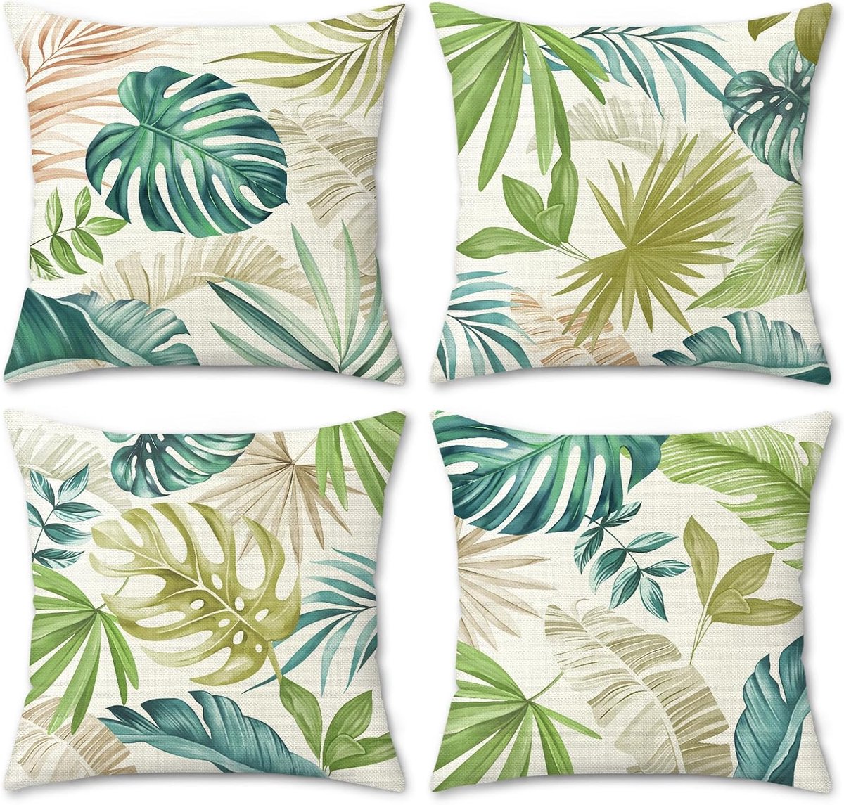 SnelShoppen - Set van 4 Tropische Bladeren Decoratieve Kussenhoezen 45 x 45 cm Waterverf Regenwoud Palmblad Polyester Kussenhoezen voor Sofa Woonkamer