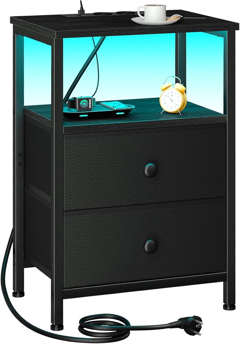 SnelShoppen - LED Bedside Table met Oplader, Nachtkastje met 2 Stoffen Laden, Houten Salontafel met Open Plank voor Slaapkamer en Woonkamer, Zwart