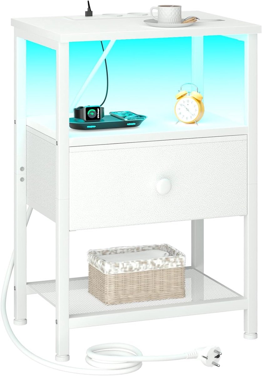 SnelShoppen - Bedside Table met LED Verlichting, Oplaadfunctie, Stoffen Lades, Open Plank - Houten Nachtkastje voor Slaapkamer, Woonkamer, Wit EHETS01