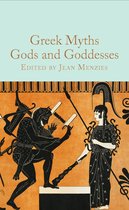 Boekomslag 'Greek Myths Gods and Goddesses' met een afbeelding van een man en een vrouw in klassieke stijl, met Griekse ornamenten.