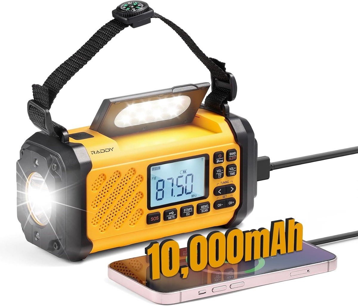 Noodradio met 10.000mAh Batterij, NOAA Weerwaarschuwingen, Draagbare Zaklamp & SOS Alarm voor Outdoor Kamperen