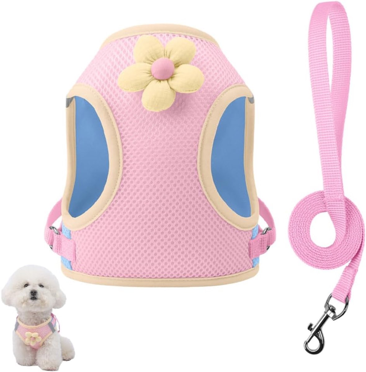 SnelShoppen - Hondentuig en Leash Set, Verstelbaar Reflecterend Mesh Vest met Bloemenprint, Dierenharnas met Leash voor Kleine Honden, Katten en Puppi