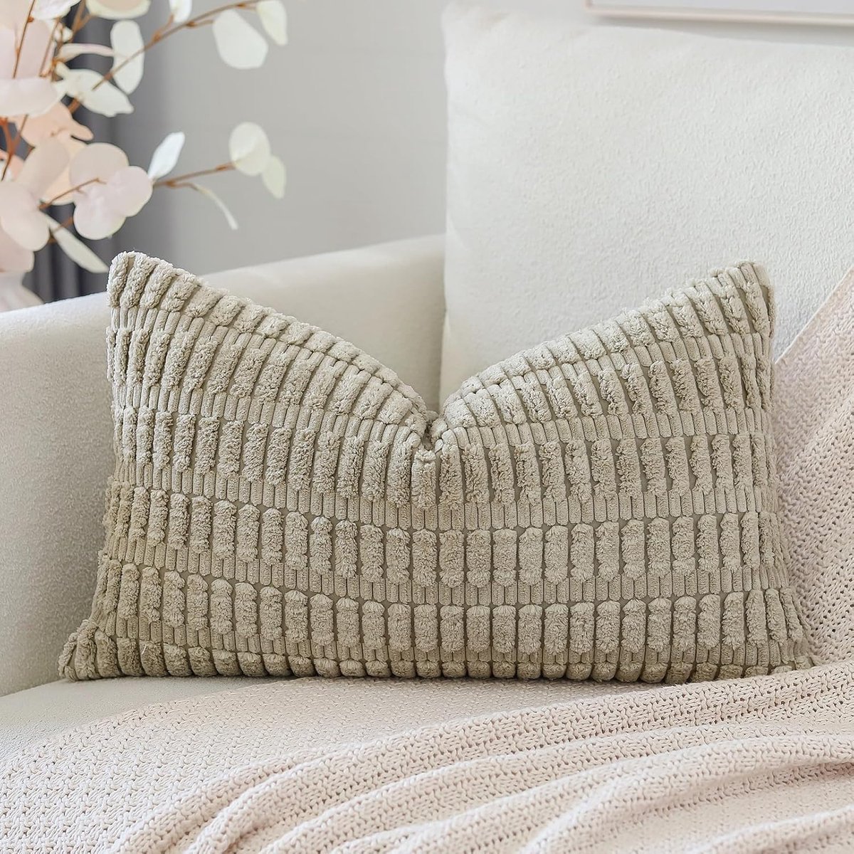 SnelShoppen - Corduroy Kussenhoes 40x60 cm - Super Zacht Boho Gestreept Kussen voor Sofa, Slaapkamer, Auto - Decoratieve Moderne Kussenhoezen - Khaki