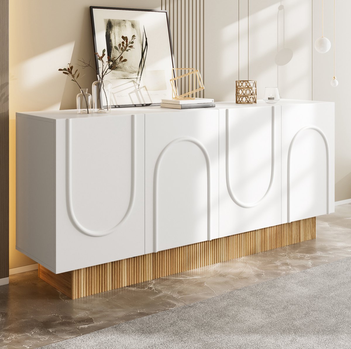 Wishdor - Dressoir - 4 deuren - grote opbergruimte en U-vorm reliëf - modern - voor woonkamer en eetkamer - houtlook en bewerkt hout - wit - 160 x 38 x 75 cm