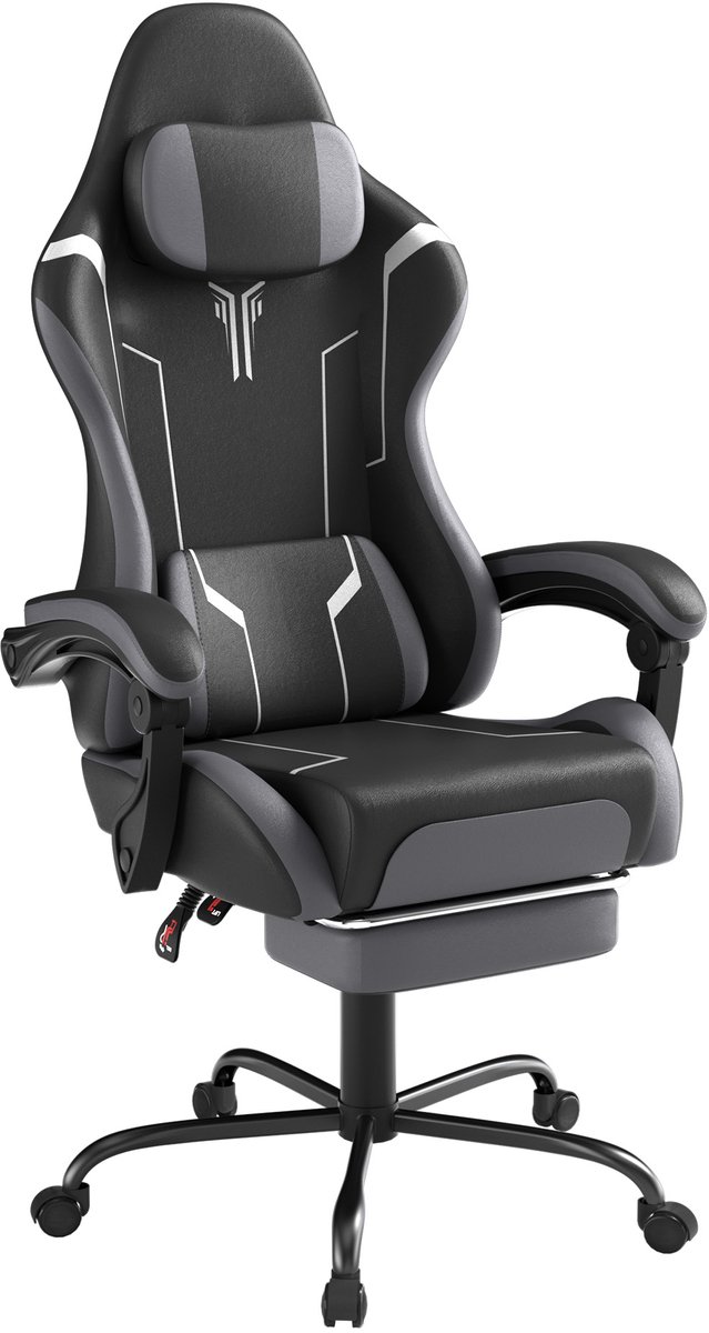 Gaming Stoel met Massagefunctie – Zwart-Wit-Grijs Leer – Ergonomische Bureaustoel met Voetensteun – Verstelbare Rugleuning 90-135° – Verstelbare Armleuningen – Max. 135 kg