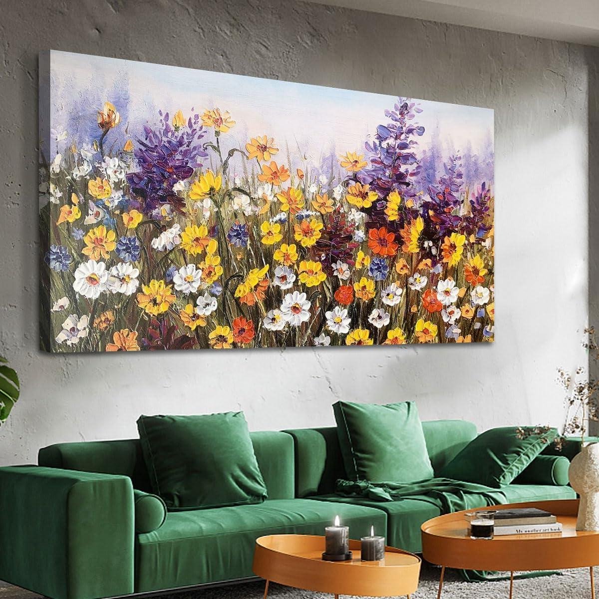 Canvas Muurkunst - Bloemen Schilderij - Woonkamer Decoratie - Handgeschilderde Textuur - 120x60 cm - Geel