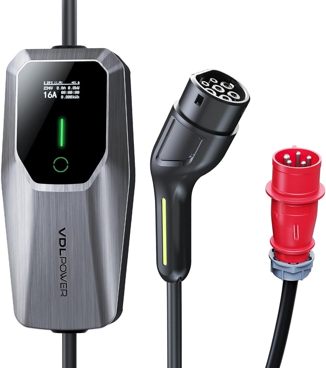 SnelShoppen - Type 2 Oplaadkabel 11 kW, Driefase CEE 16A, 8m Mobiele Wallbox, Instelbare Laadstroom voor Elektrische Voertuigen EV PHEV