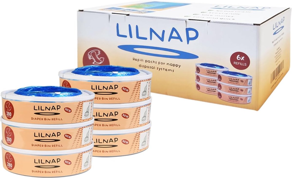 SnelShoppen - LILNAP Refill Cassettes Voor Diaper Pail - 6 Stuks - Hoge Capaciteit - 40% Meer Folie - Compatibel Met Angelcare - Ideaal Voor Kinderen