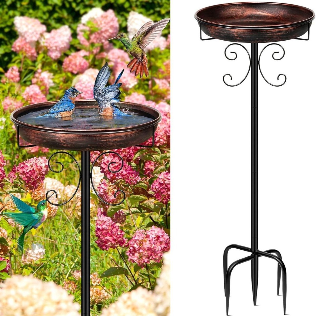 Verbeterd model metalen vogelbad voor buiten, retro vrijstaand ontwerp gecombineerd als vogelbad en voederplaats, praktische vogervoederbak, geschikt als decoratie voor tuin, terras, binnenplaats en gazon