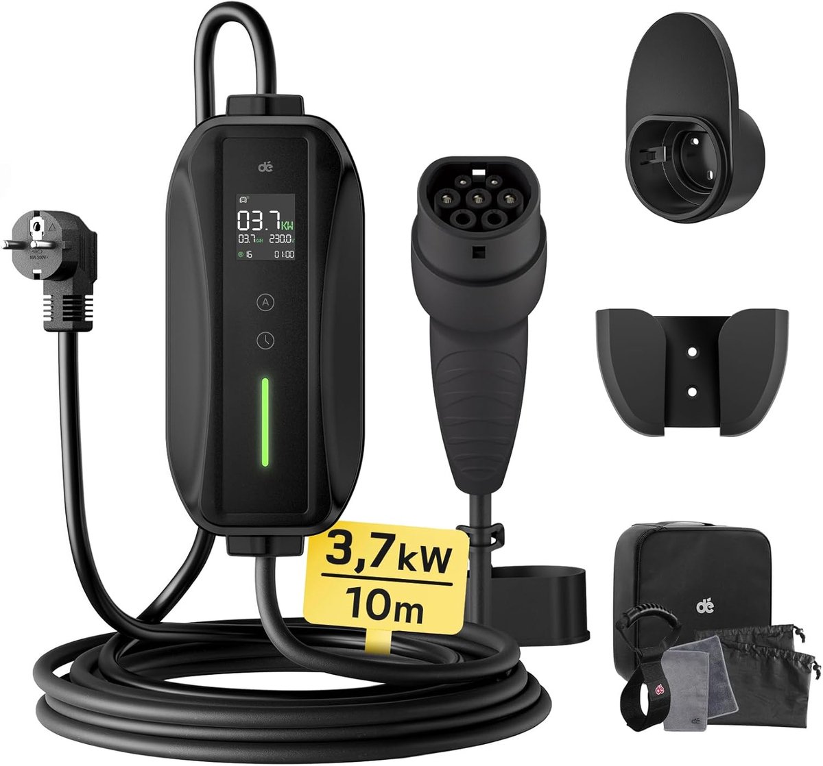 SnelShoppen - Type 2 Oplaadkabel Schuko 3.68kW - 10m, 1-fase, 6-16A, Snellader voor Elektrische Voertuigen, EV Charger met Digitaal Display, Geschikt
