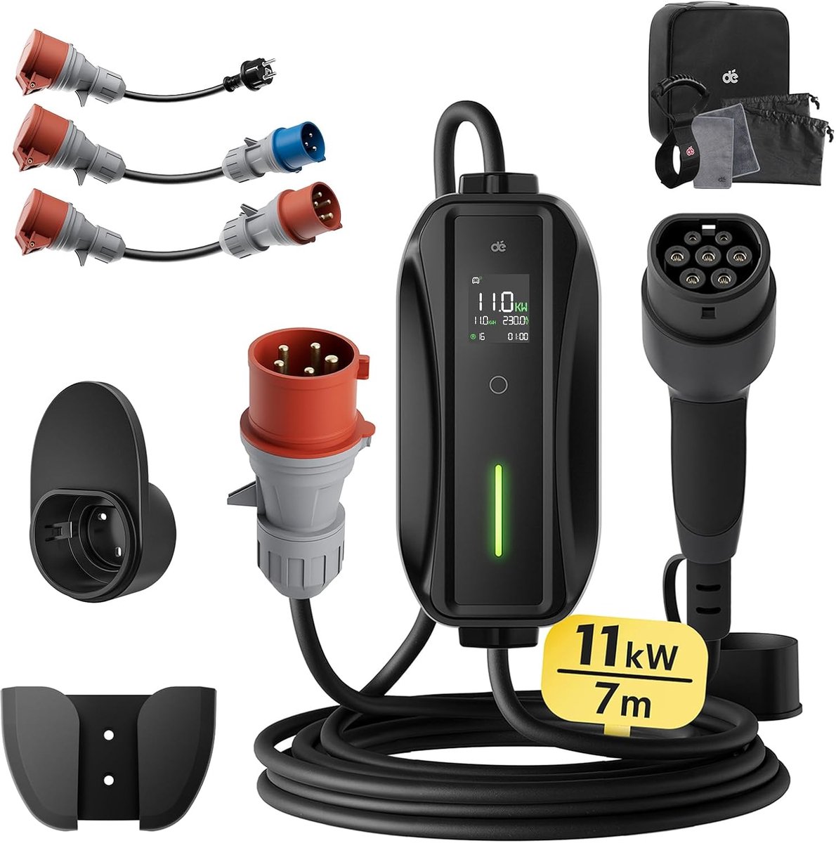 SnelShoppen - EV Charger Type 2 11kW 3-Phase Mobiele Wallbox met Traveller Set - Oplader voor Model Y/3, ID.3/4/5, Enyaq, EX30/XC40, Niro - 7m, 6-16A