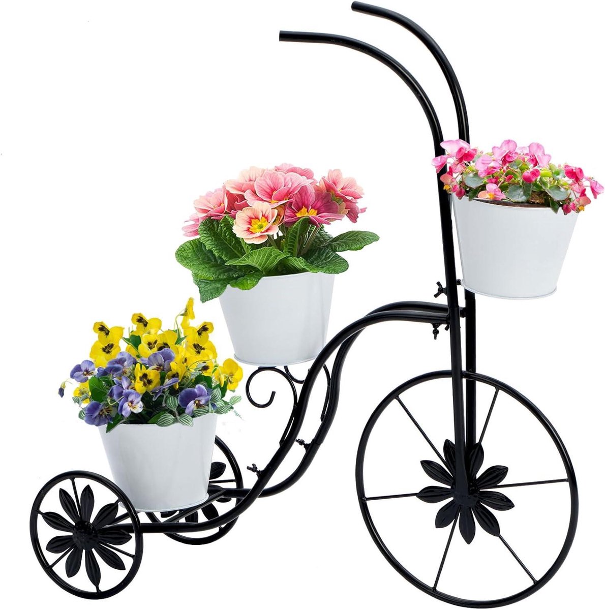 Plantenstandaard Driewieler - Bloemenhouder Fiets - Tuindecoratie Buiten - Handgeschilderd Metaal - 3 Niveaus - Multicolor