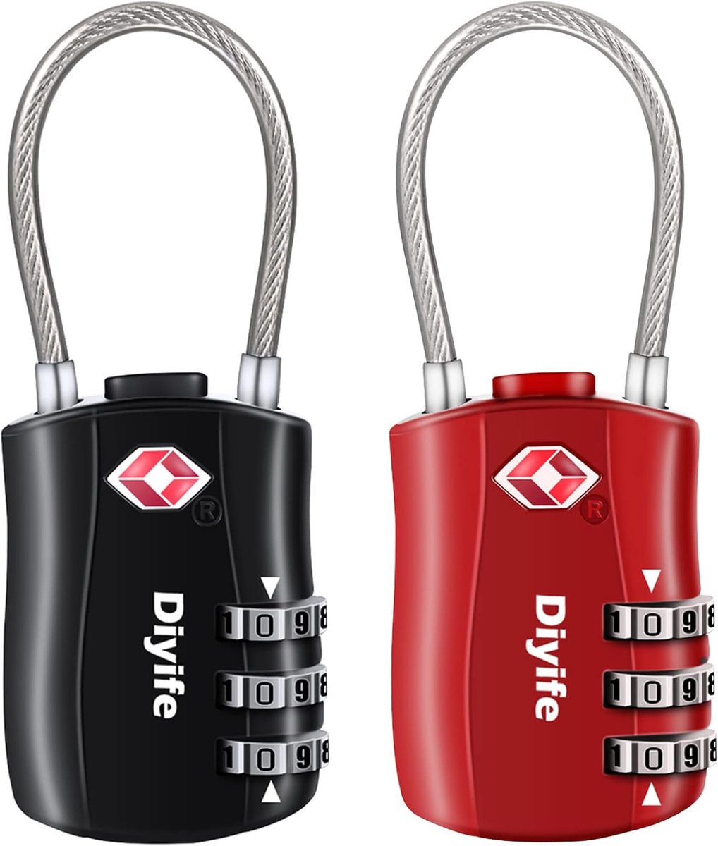 SnelShoppen - TSA Gepäcksloten 2-Packs - 3-Cijferige Combinatiesloten - Veiligheidsloten voor Reiskoffers en Bagage - Zwart + Rood - Hoogwaardige Zink