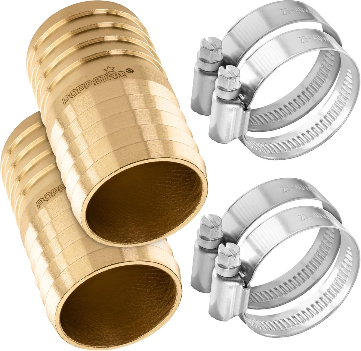 SnelShoppen - 2x Messing Tuinslang Aansluiting 1 1/4 inch met 4x RVS Slangenklemmen voor 1" (32mm) Tuinslang - Drip-free en Duurzaam