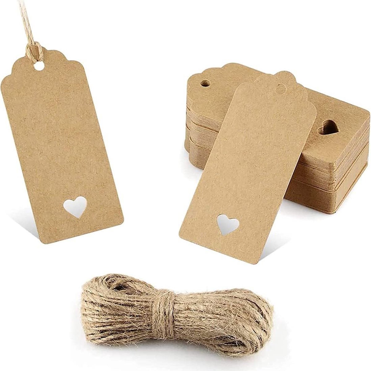 SnelShoppen - Kraft Paper Gift Tags Set van 100 Labels - Natuurlijke Craft Card 9x5 cm met 20m Jute Touw voor Feestdagen, Bruiloften, Cadeaus, Kerst e