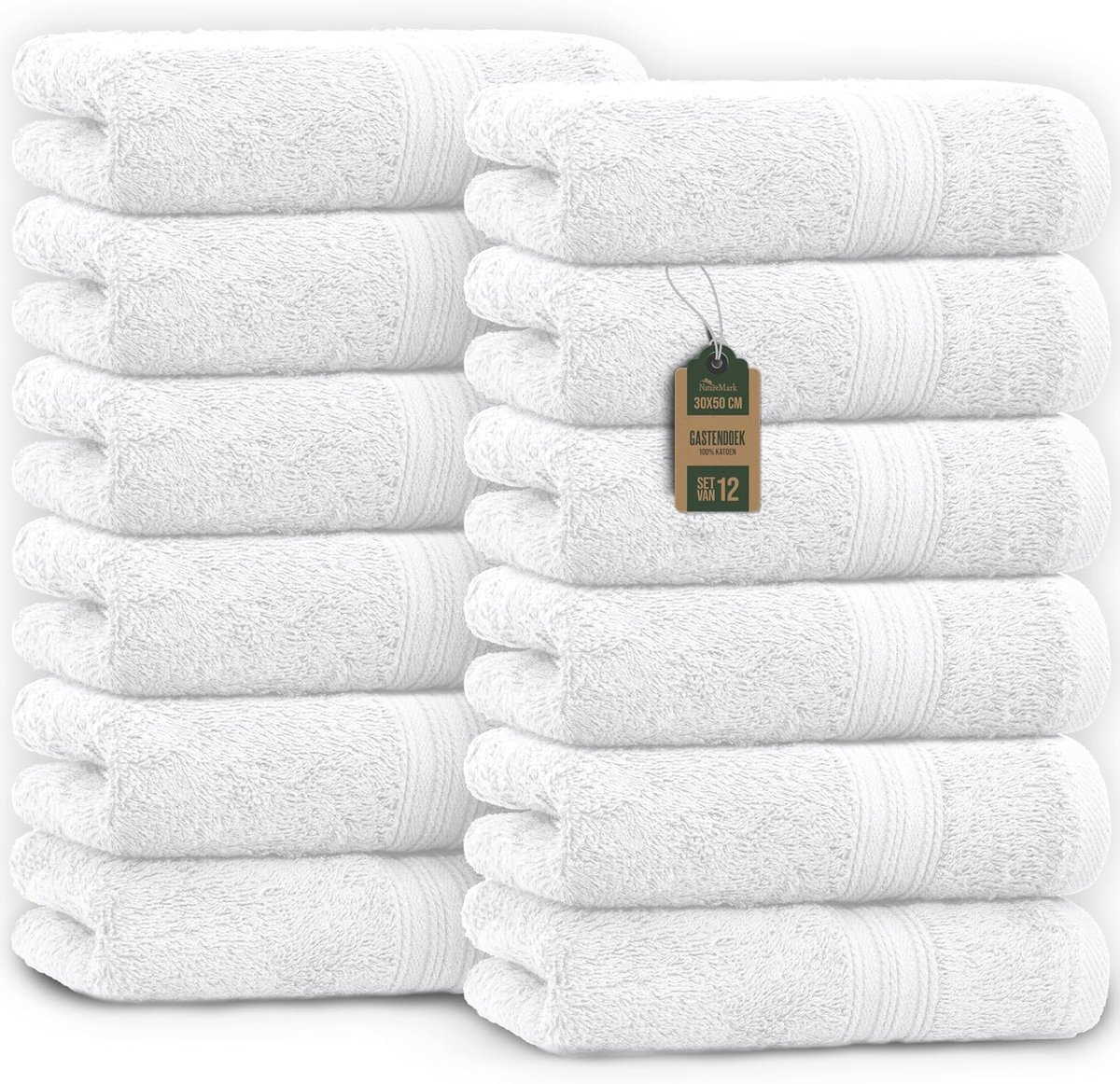 SnelShoppen - Set van 12 NatureMark Gastendoeken 30x50 cm - 100% Katoen, Oeko-Tex Gecertificeerd, Zacht, Absorberend en Makkelijk in Onderhoud - Witte