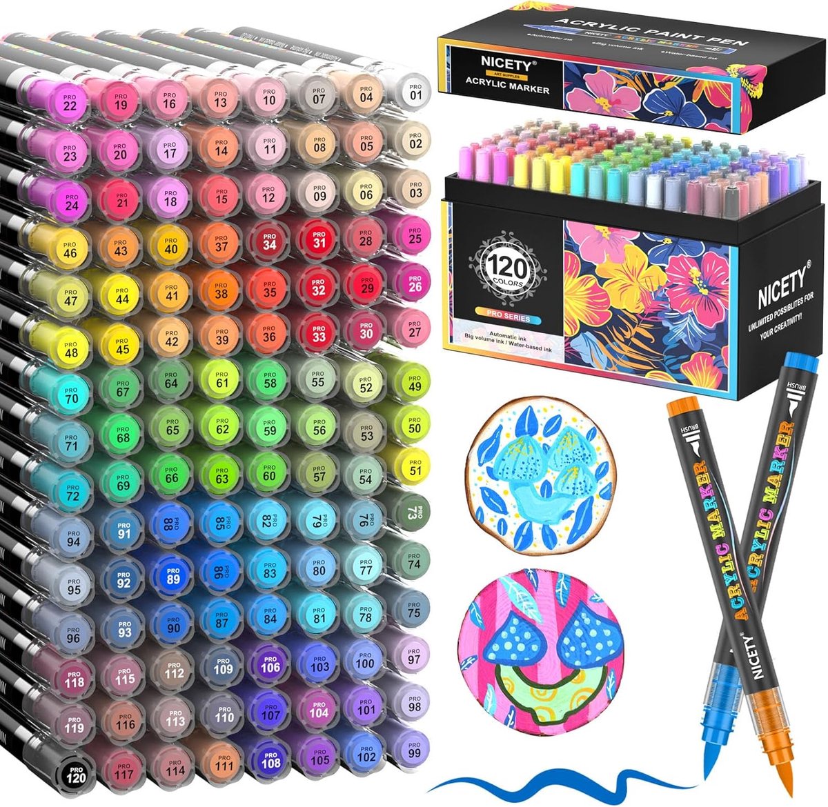 SnelShoppen - 120 Kleuren Acryl Stiften met Penseel Tip - Verf Stiften voor Glas, Keramiek, Hout - Waterbasis - Niet Giftig voor Volwassenen en Kinder