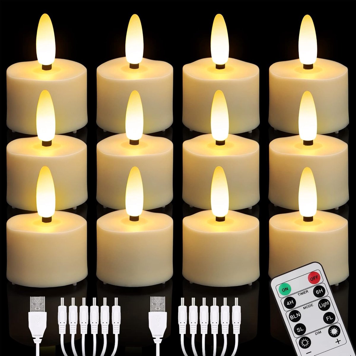 SnelShoppen - 12 Dimbare LED Theelichten met Afstandsbediening, Timer, Flicker Effect, Warm Wit, Oplaadbare Elektrische Kaarsen voor Feesten, Hallowee