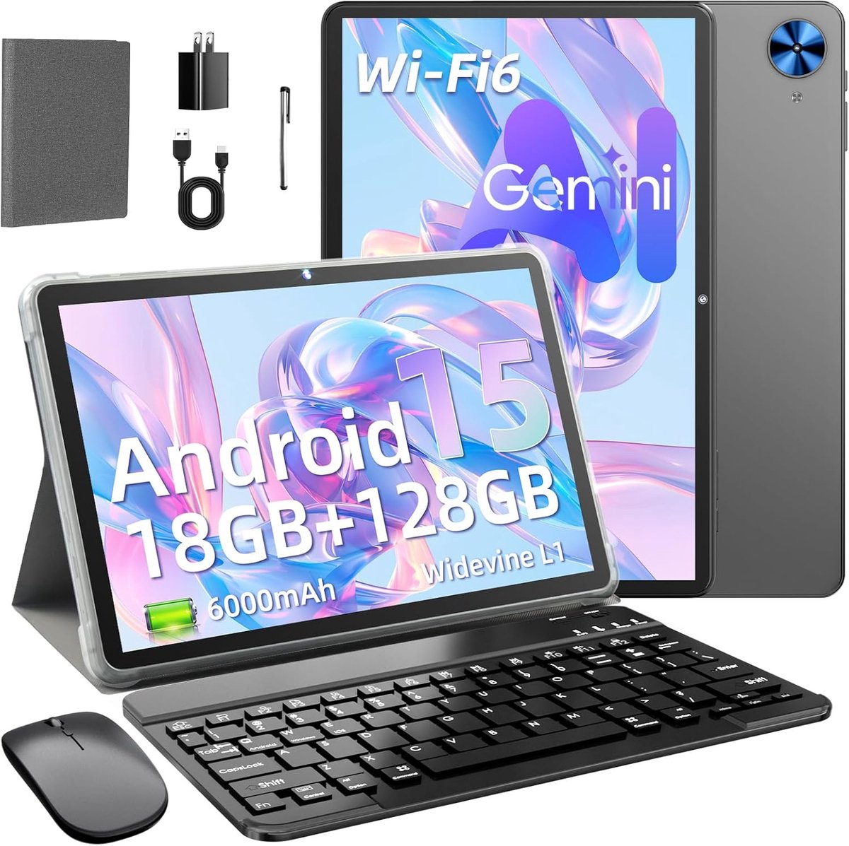 SnelShoppen - Android 15 Tablet 10.1 Inch met Hoes, Toetsenbord en Muis, 8GB RAM + 128GB ROM, 1TB, Octa-Core, WiFi 6, HD IPS Touchscreen, 6000mAh, Gri
