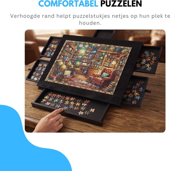 Vrouw legt puzzelstukjes in een lade van een zwarte puzzelmat met een bibliotheekpuzzel in het midden.