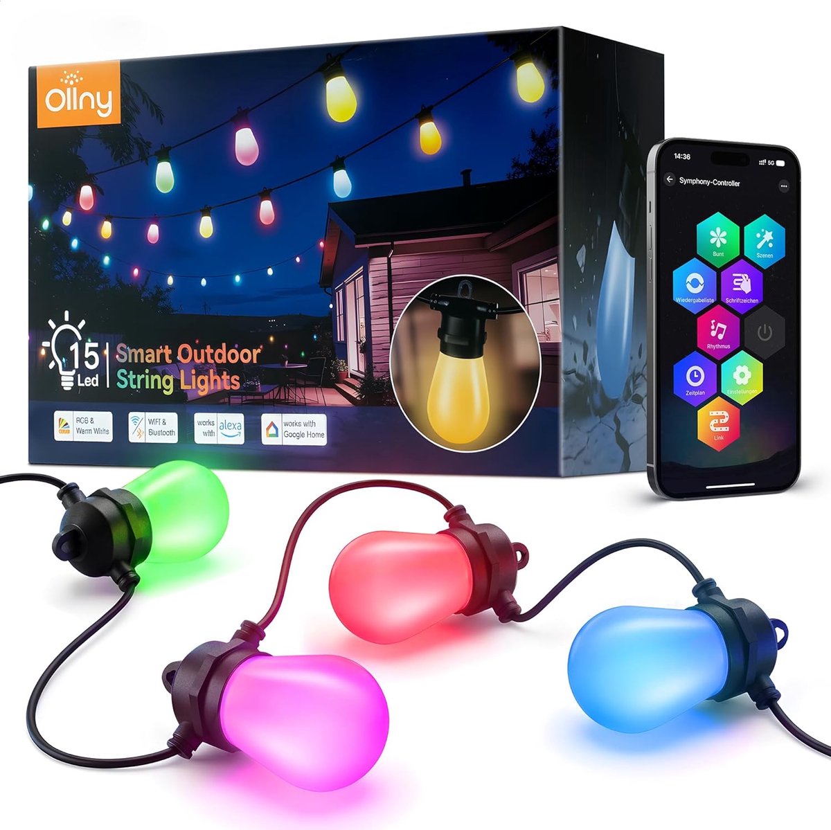 SnelShoppen - Lichtsnoer Buiten 15M RGBW LED Dimbaar met App, 90+ Scènemodi, Tuinverlichting IP65 voor Feest en Terras