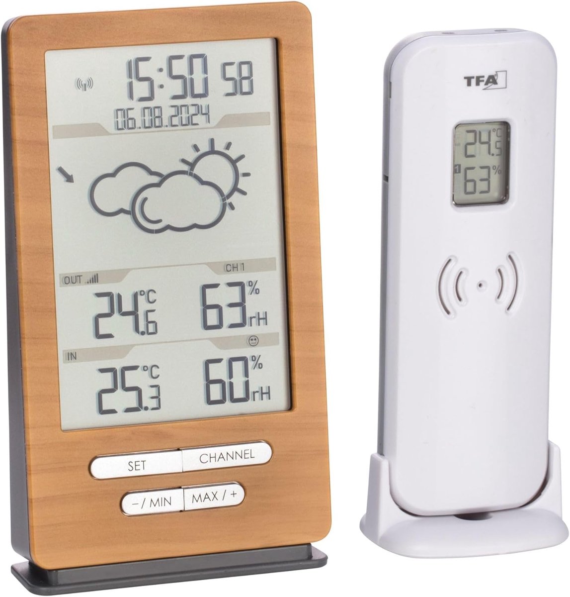 SnelShoppen - Draadloos Weerstation met Buiten Sensor, Binnen- en Buitentemperatuur, Weersvoorspelling, Radio Klok, Vochtigheid, Staand en Hangend