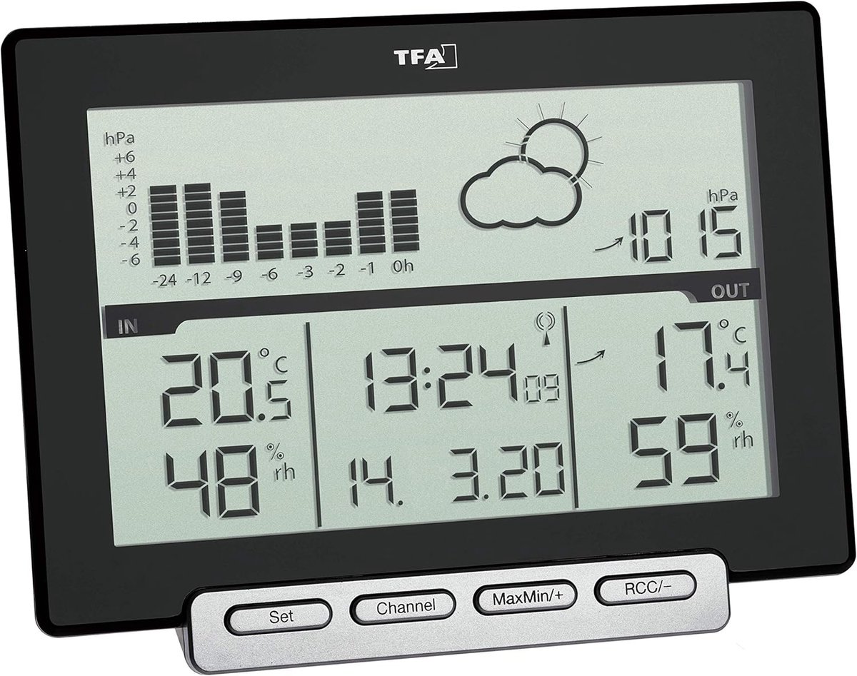 SnelShoppen - Draadloos Weerstation METEO SENS - Weersvoorspelling, Binnenklimaat Monitor, Buiten temperatuur via Transmitter, Radio Klok, Zwart, (L)