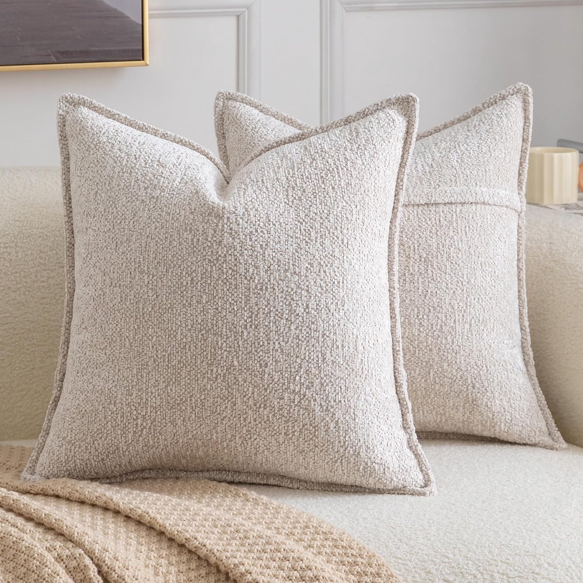 SnelShoppen - Set van 2 Boho Kussenhoezen 45x45 cm - Zachte Chenille Sierkussens Effen Beige - Duurzaam en Elegant voor Woonkamer, Slaapkamer en Bankd