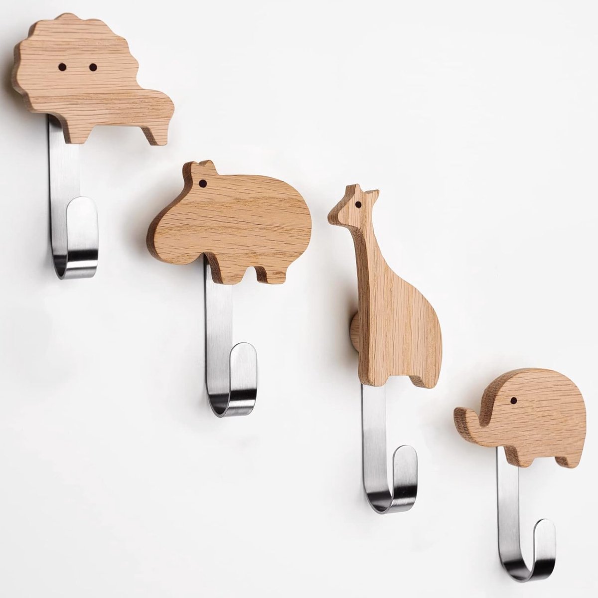 Thijox - Wandhaken voor Kinderen van Eikenhout (Set van 4) - Schattige Kledinghaken met Diermotieven: Leeuw, Giraffe, Olifant, Nijlpaard - Hoogwaardig