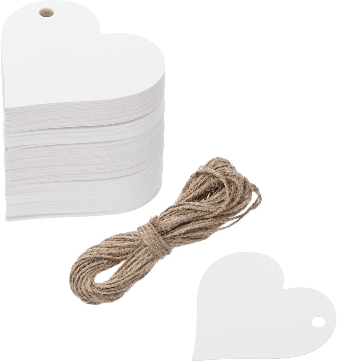 SnelShoppen - 100 Stuks Cadeaulabels Hartvorm, Witte Gift Tags met 10m Jute Touw voor Cadeau Verpakking, Kerst, Feest, Handgemaakt, 60mm x 60mm