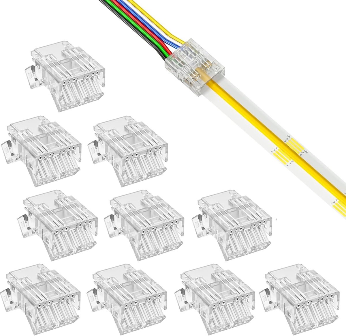 SnelShoppen - 6 Pin 12mm COB RGB+CCT LED Strip Connector (10 Stuks, Zonder Kabel) - Solder Free, IP20/IP65, Herbruikbare DIY Verbinder voor Verlichtin