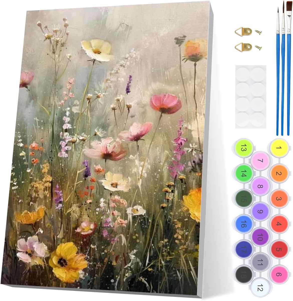 SnelShoppen - Adult Wildflower Schilderen op Nummer Set met Houten Frame, Eenvoudige Acrylverf Set voor Cadeau, Wanddecoratie 20x30 cm