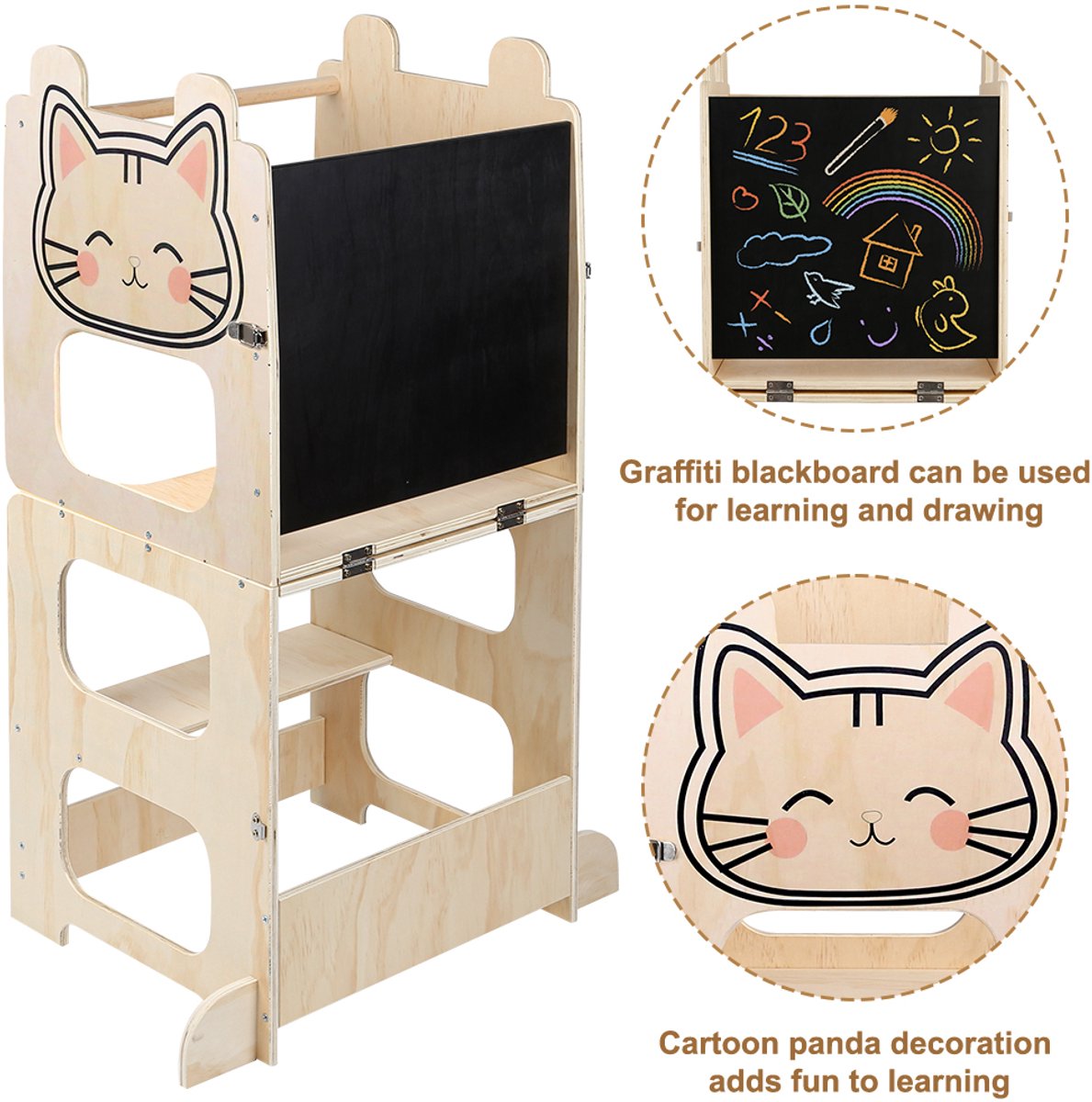 PIPIPOXER - 4-in-1 leertoren -Inklapbaar- Learning Tower -Montessori Leertoren-Keukentoren, Kindertrap, Tekenbord - Keukenhulp- Speeltafel-Kinder trapje-kat