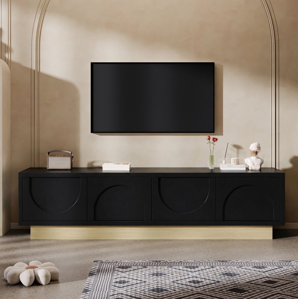 Wishdor - TV-meubel - 175 cm breed - 4 deuren met kabelmanagement - modern minimalistisch design - woonkamer - houtlook en zwart - 175 x 40 x 41,5 cm