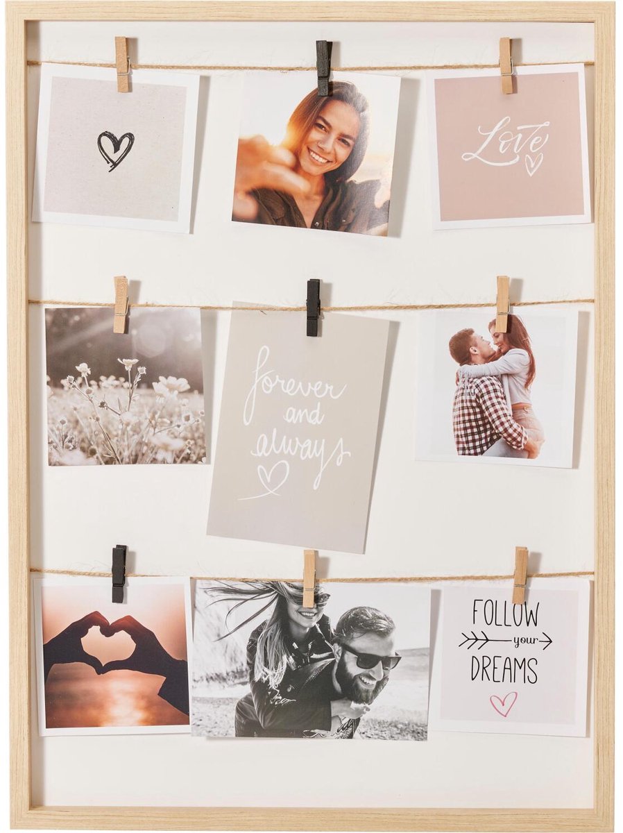 Home & Styling Collage fotolijst met knijpertjes - voor 9x foto - hout - naturel - 38 x 52 cm - wissellijst - klassiek