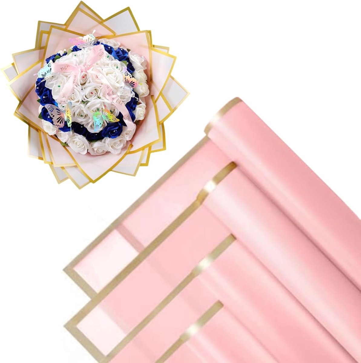 SnelShoppen - 20 Vel Waterproof Bloemen Cadeau Inpakpapier - Roze met Gouden Rand - Perfect voor Bloemen, Feest, Kunst en Ambachten