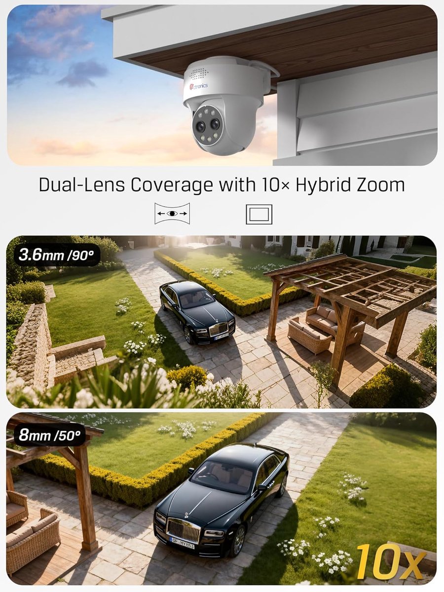 SnelShoppen - 4MP 10× Hybrid Zoom Buiten Bewakingscamera met Dubbele Lens, Mens/Voertuig Herkenning, 2.5K QHD, 30m Kleur Nachtzicht, WLAN 2.4/5GHz, 12