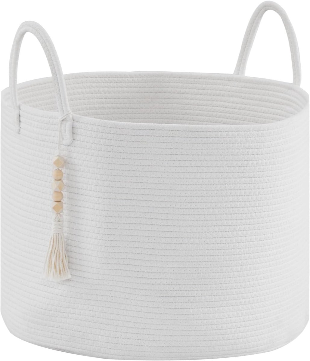 SnelShoppen - Grote Waskorf - 65 Liter - Gevlochten Opbergmand voor Dekens, Speelgoed - Kinderkamer, Woonkamer - Natuurlijke Katoen - Wit - 50 x 33 cm