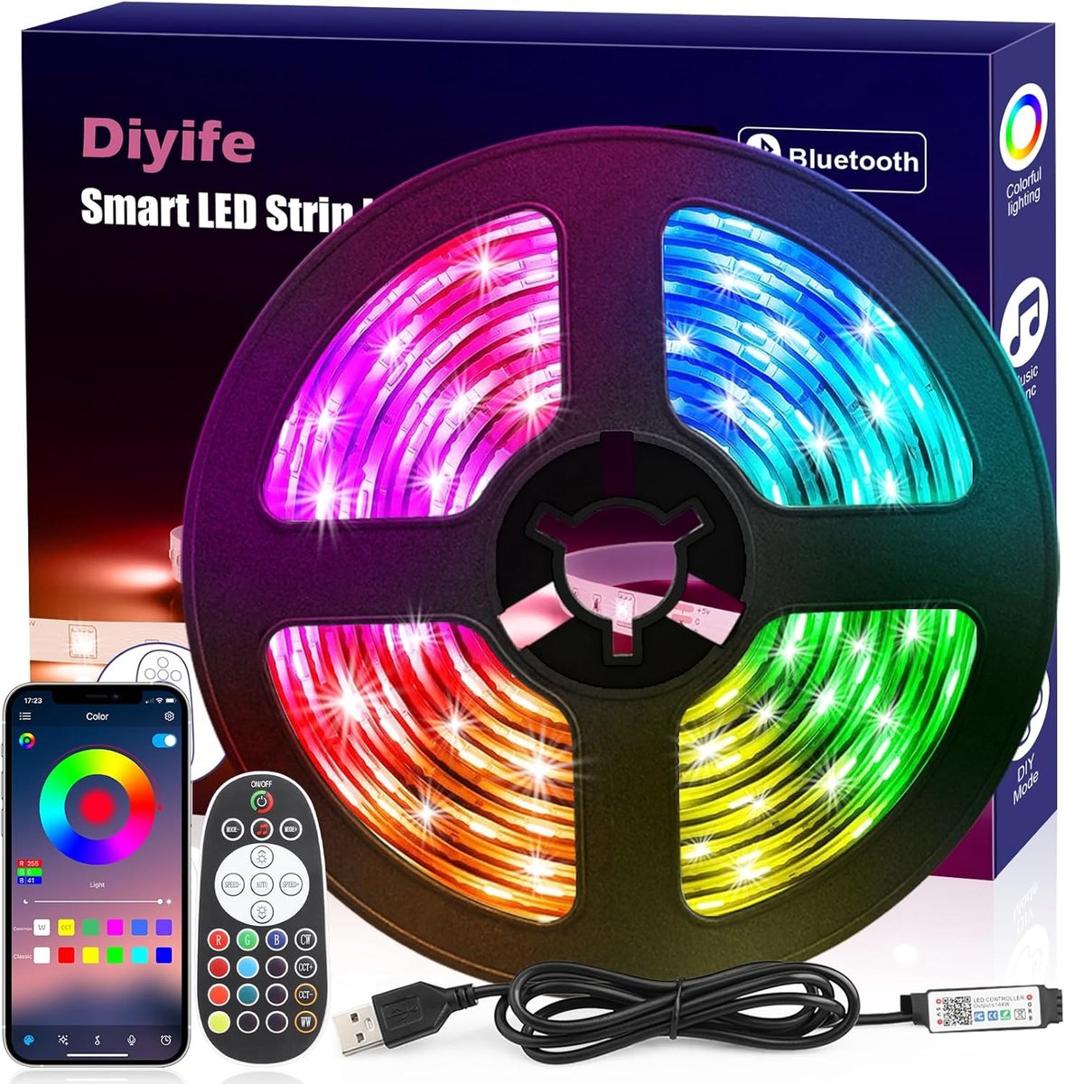 RGB Ledstrip 3m met Afstandsbediening en App, Bluetooth Muzieksynchronisatie voor Feest en Thuis