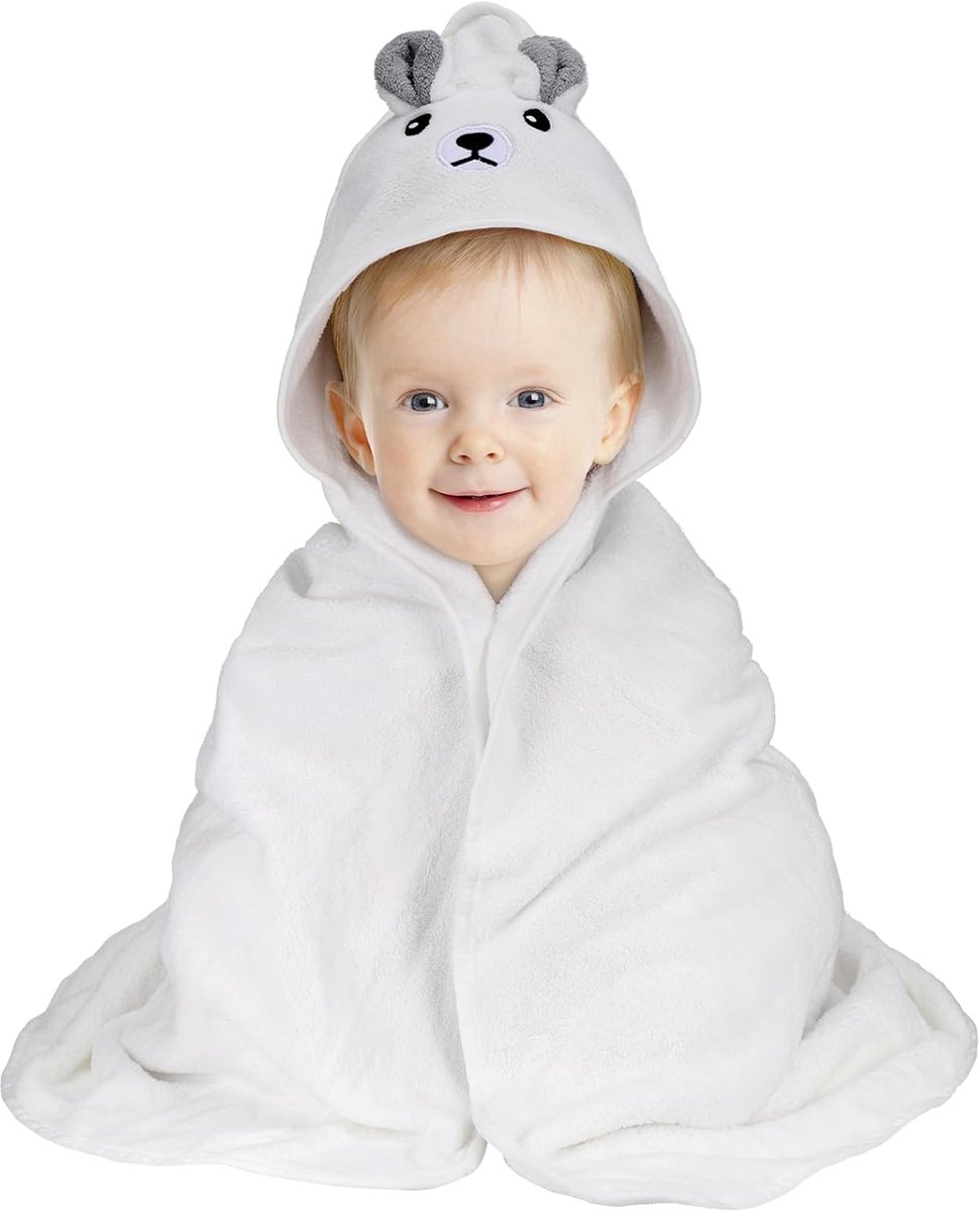 SnelShoppen - Baby Handdoek met Kap 80 x 80cm, Ultra Zacht Coral Velvet met Dierenoren voor Baby's 0-3 Jaar - Witte Baby Handdoek Set
